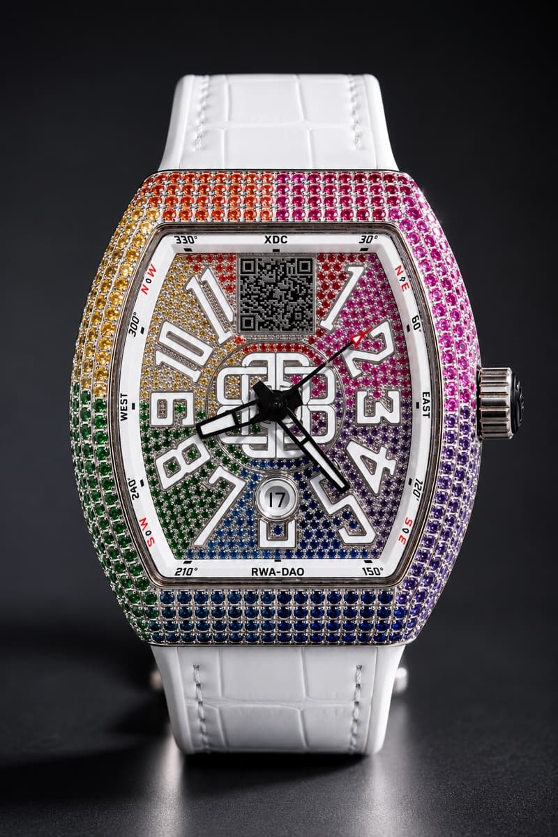 The RWAXDC fractional timepiece — rainbow-sapphire tonneau case on a white alligator strap
